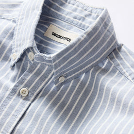 material shot of the button down collar on The Jack in Blue Stripe Oxford, Wovens by Taylor Stitch