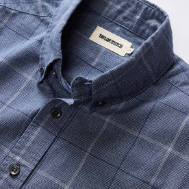 material shot of the button down collar on The Jack in Navy Twist Plaid, Wovens by Taylor Stitch