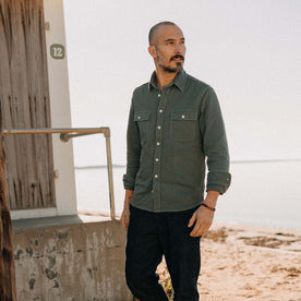 fit model walking in The Ledge Shirt in Deep Sea Twill, Wovens by Taylor Stitch