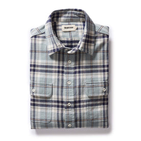 flatlay of The Ledge Shirt in Faded Blue Plaid, Wovens by Taylor Stitch