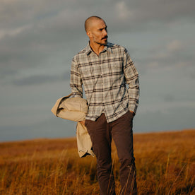 fit model in The Ledge Shirt in Faded Blue Plaid, Wovens by Taylor Stitch