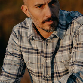 fit model showing the front chest pockets on The Ledge Shirt in Faded Blue Plaid, Wovens by Taylor Stitch