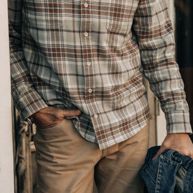 fit model showing the buttons on The Ledge Shirt in Redwood Plaid, Wovens by Taylor Stitch