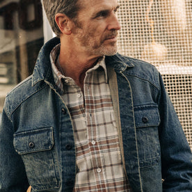 fit model wearing The Ledge Shirt in Redwood Plaid beneath a jacket, Wovens by Taylor Stitch