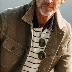 fit model showing off the collar on The Long Haul Jacket in Light Sage Cord, Outerwear by Taylor Stitch