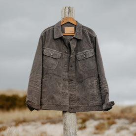 editorial image of The Long Haul Jacket in Shale Cord on a hanger, Outerwear by Taylor Stitch