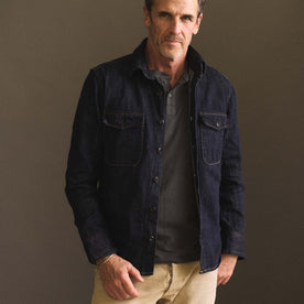 fit model wearing The Mill Shirt Jacket in Kuroki Slub Denim, Outerwear by Taylor Stitch