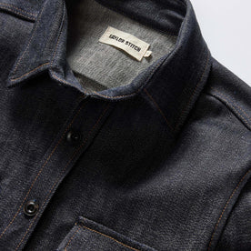 material shot of the collar on The Mill Shirt Jacket in Kuroki Slub Denim, Outerwear by Taylor Stitch