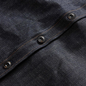 material shot of the buttons on The Mill Shirt Jacket in Kuroki Slub Denim, Outerwear by Taylor Stitch