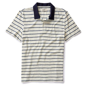 flatlay of The Organic Cotton Polo in Bleached Natural Stripe, Knits by Taylor Stitch