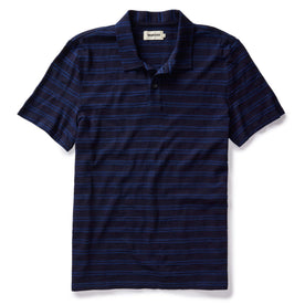 flatlay of The Organic Cotton Polo in Washed Indigo Stripe, Knits by Taylor Stitch