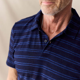 fit model showing off collar detail on The Organic Cotton Polo in Washed Indigo Stripe, Knits by Taylor Stitch