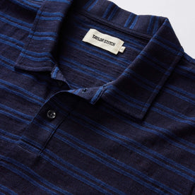 material shot of the collar on The Organic Cotton Polo in Washed Indigo Stripe, Knits by Taylor Stitch