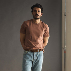 fit model in The Organic Cotton Tee in Faded Brick, Knits by Taylor Stitch