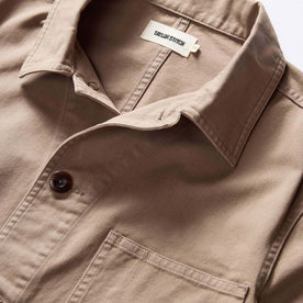 material shot of the collar on The Ojai Jacket in Organic Dried Earth Foundation Twill, Outerwear by Taylor Stitch