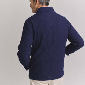 fit model showing off the back of The Ojai Jacket in Indigo Diamond Quilt, Outerwear by Taylor Stitch