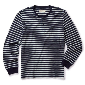 flatlay of The Organic Cotton Henley in Rinsed Indigo Stripe, Knits by Taylor Stitch