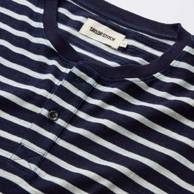 material shot of the collar and buttons on The Organic Cotton Henley in Rinsed Indigo Stripe, Knits by Taylor Stitch