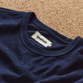 editorial image of the collar on The Organic Cotton Tee in Rinsed Indigo, Knits by Taylor Stitch