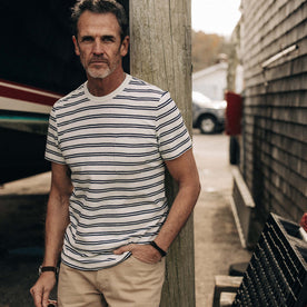 fit model with his hand in his pocket wearing The Organic Cotton Tee in Washed Indigo Stripe, Knits by Taylor Stitch