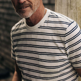 fit model showing off pocket detailing on The Organic Cotton Tee in Washed Indigo Stripe, Knits by Taylor Stitch