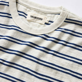 material shot of the collar on The Organic Cotton Tee in Washed Indigo Stripe, Knits by Taylor Stitch