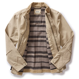 flatlay of The Workhorse Utility Jacket in Light Khaki Chipped Canvas, shown open, Outerwear by Taylor Stitch