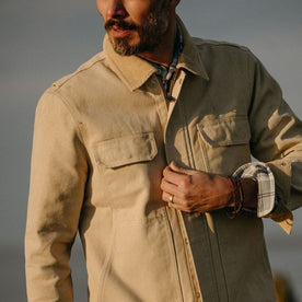 fit model in The Workhorse Utility Jacket in Light Khaki Chipped Canvas, Outerwear by Taylor Stitch