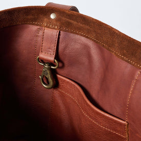 material shot of the inner clip on The Roughout Tote in Chocolate Suede, Accessories by Taylor Stitch