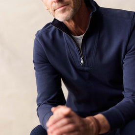 fit model showing off details on The Rugby Quarter Zip in Faded Navy, Knits by Taylor Stitch