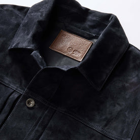 material shot of the collar on The Ryder Jacket in Dark Navy Suede, Outerwear by Taylor Stitch