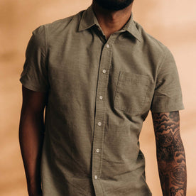 fit model showing off cord detail on The Short Sleeve California in Heather Moss Cord, Wovens by Taylor Stitch