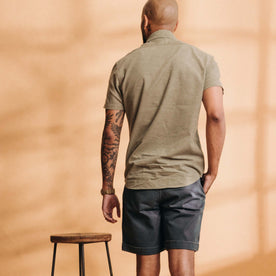 fit model showing off the back of The Short Sleeve California in Heather Moss Cord, Wovens by Taylor Stitch