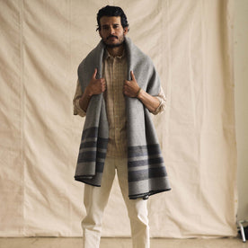 fit model with The Wool Blanket in Bay Stripe around his shoulders, Accessories by Taylor Stitch