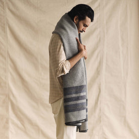 fit model showing off The Wool Blanket in Bay Stripe, Accessories by Taylor Stitch