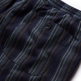 material shot of the rear button pocket on The Apres Short in Indigo Stripe, Bottoms by Taylor Stitch