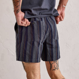 fit model showing the back pockets on The Apres Short in Indigo Stripe, Bottoms by Taylor Stitch