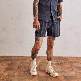 fit model standing in The Apres Short in Indigo Stripe, Bottoms by Taylor Stitch