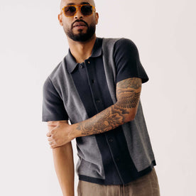 fit model in The Button Down Polo in Marine Seed Stitch, Knits by Taylor Stitch