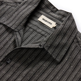 material shot of the camp collar on The Conrad in Black Indigo Slub Stripe, Wovens by Taylor Stitch