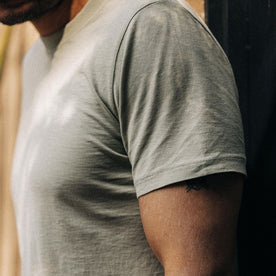 fit model showing off sleeve detail on The Cotton Hemp Tee in Sage, Knits by Taylor Stitch