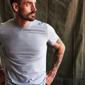 fit model posing in The Cotton Hemp Tee in Tradewinds, Knits by Taylor Stitch