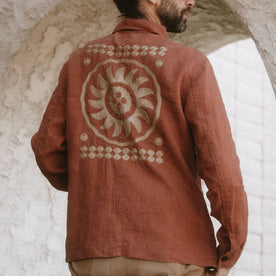 fit model showing the embroidery on the back of The Embroidered Ojai in Dried Guajillo Hemp, Outerwear by Taylor Stitch