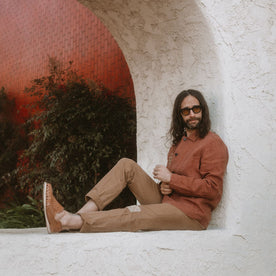 fit model sitting in The Embroidered Ojai in Dried Guajillo Hemp, Outerwear by Taylor Stitch