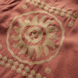 material shot of the embroidery on the back of The Embroidered Ojai in Dried Guajillo Hemp, Outerwear by Taylor Stitch