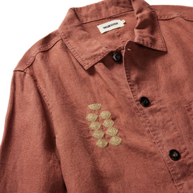 material shot of the embroidery on the right chest of The Embroidered Ojai in Dried Guajillo Hemp, Outerwear by Taylor Stitch