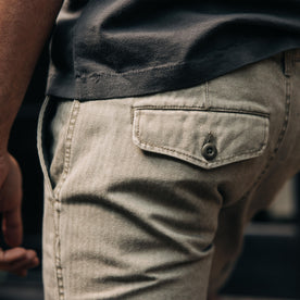 fit model showing the back flap pocket on The Matlow Short in Arid Eucalyptus Washed Herringbone, Bottoms by Taylor Stitch