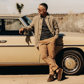 fit model leaning against a vintage mercedes in The Ojai Jacket in Arid Eucalyptus Hemp, Outerwear by Taylor Stitch