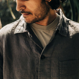 fit model showing the collar of The Ojai Jacket in Granite Hemp, Outerwear by Taylor Stitch