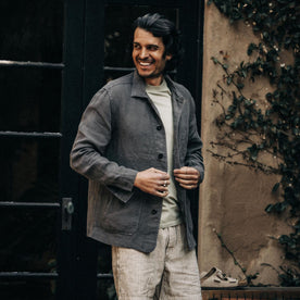 fit model buttoning The Ojai Jacket in Granite Hemp, Outerwear by Taylor Stitch